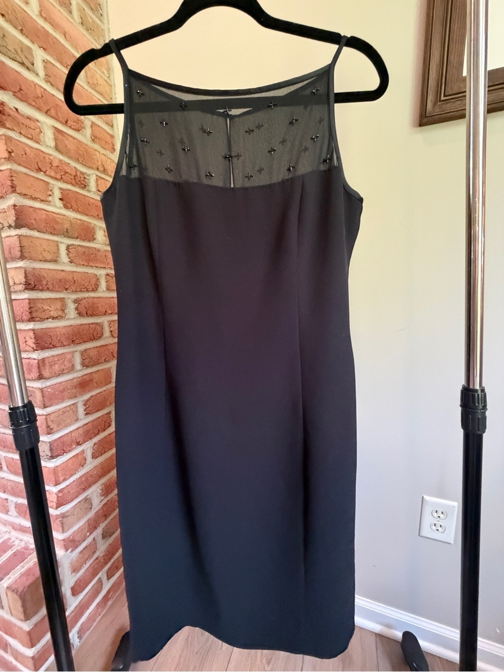 Vintage LBD Classic Black Slip Dress Sheer Bead Embellished Yoke Square neckline